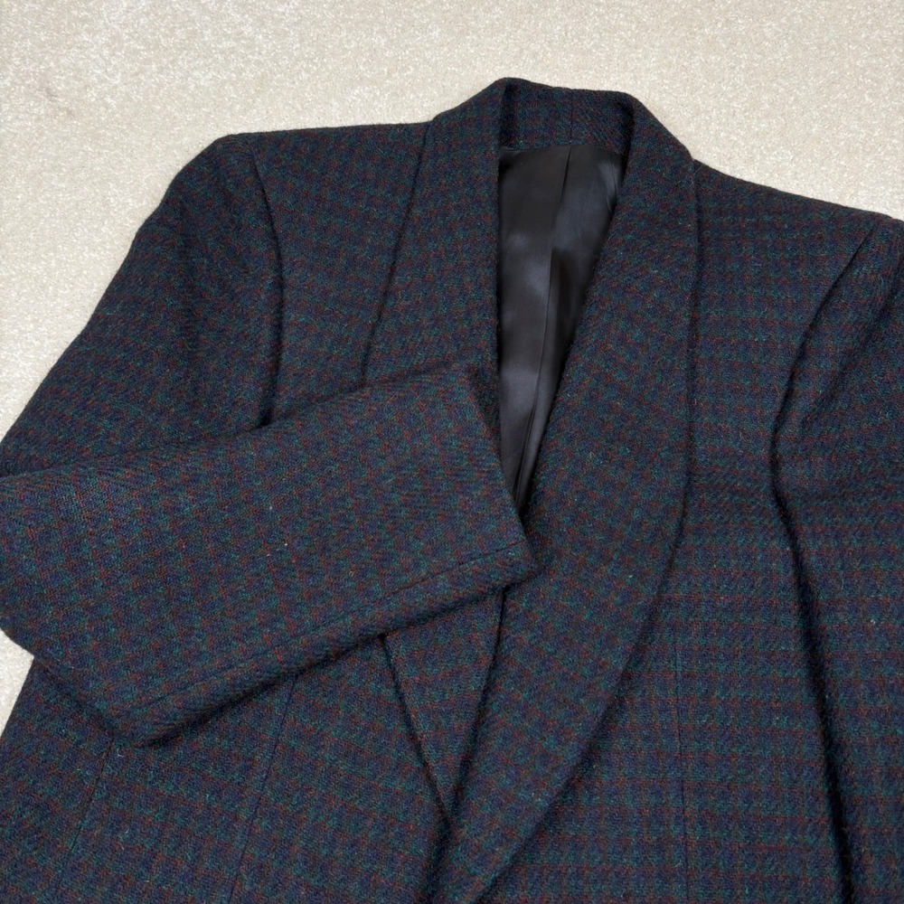 Harris Tweed Classic Woman Wool Blazer Vtg Shawl Collar Blue Green Red Plaid 10